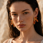 Boucles d’oreilles fleurs Aélya ambre portées de face